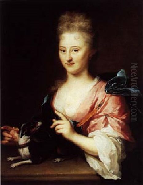 Portrait Of A Lady Wearing A Pink And White Dress With A Blue Shawl, Standing Behind A Stone Ledge With A Dog Oil Painting by Arnold Boonen