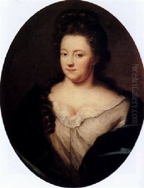 Portrait Of A Lady Wearing A White Silk Dress With Lace Chemise And Blue Wrap Oil Painting by Arnold Boonen