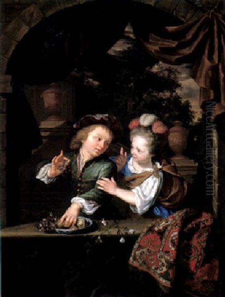 A Boy Taking Fruit From A Porcelain Bowl, And A Girl Rebuking Him, Both Elegantly Dressed And Set Within A Stone Niche, A Garden Beyond Oil Painting by Arnold Boonen