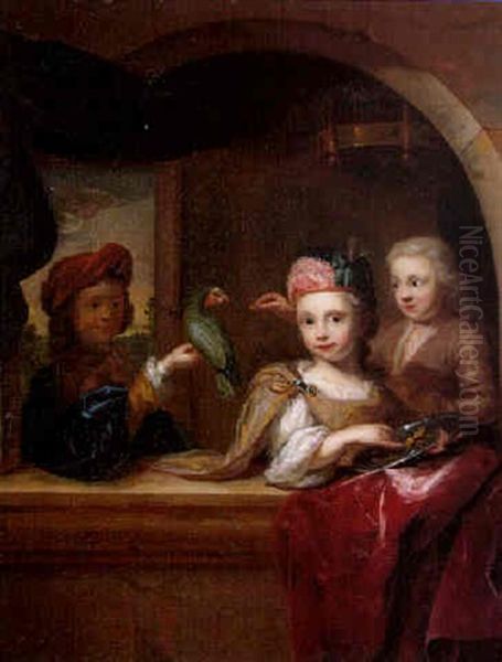 Les Trois Enfants Au Perroquet Oil Painting by Arnold Boonen