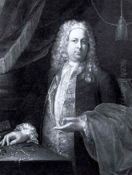 Portrait Of Jeweller, Standing By A Draped Column, Wearing A Brown Jacket, With Jewellery And Scales On A Table Nearby Oil Painting by Arnold Boonen