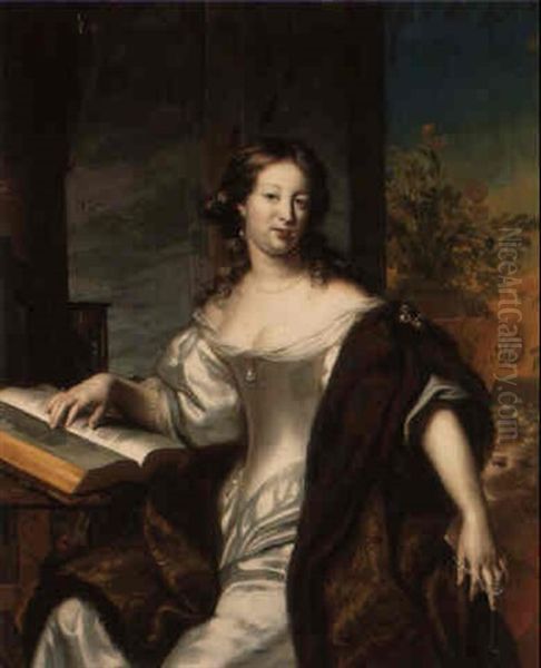 Portrait Of A Lady In A White Dress And Fur-lined Cape With A Book by Arnold Boonen