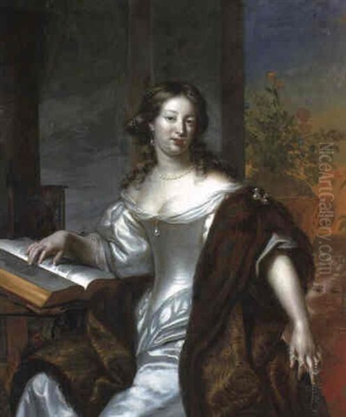 Portrait Of A Lady In A Fur-lined Cape Holding A Pearl Necklace At A Desk Oil Painting by Arnold Boonen