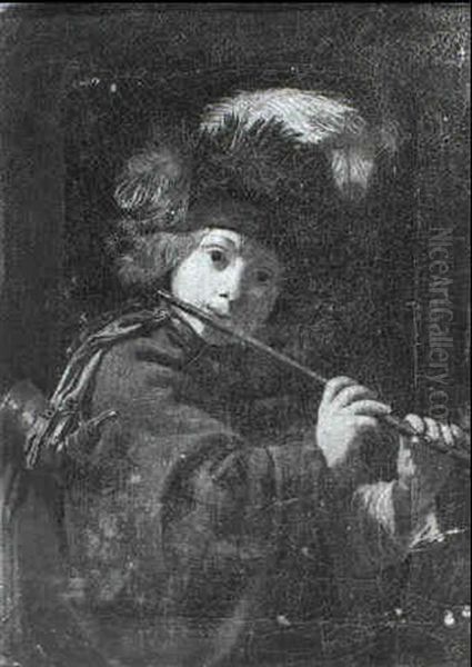 A Young Boy Wearing A Feathered Cap Playing A Flute Oil Painting by Arnold Boonen