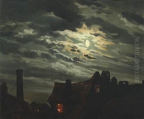 Rooftops In The Moonlight Oil Painting by Hermann de Boor