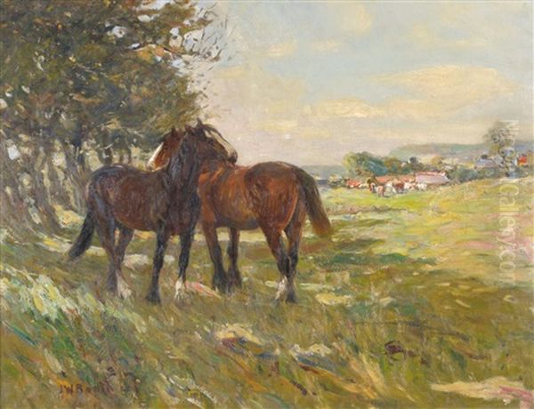 Horses In A Sunlit Field Oil Painting by James William Booth