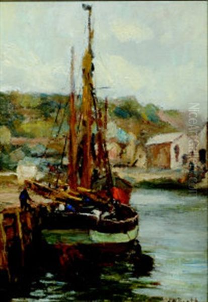 Quayside Fishing Boats Oil Painting by James William Booth