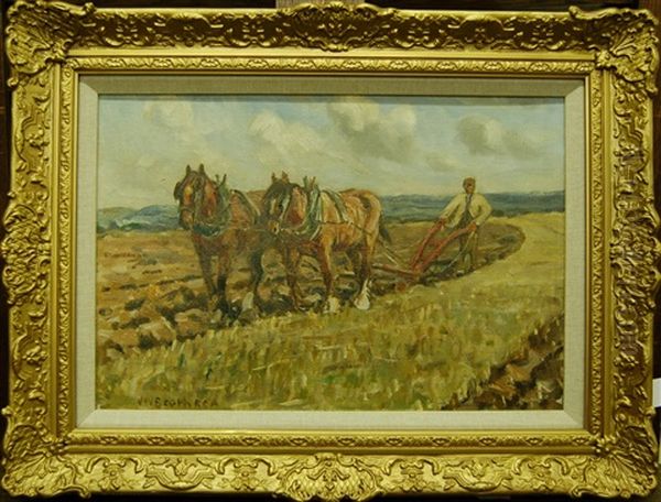 Famer Ploughing With Two Shire Horses Oil Painting by James William Booth