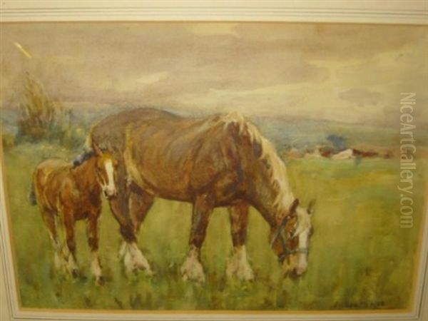 Mare And Foal Grazing Oil Painting by James William Booth