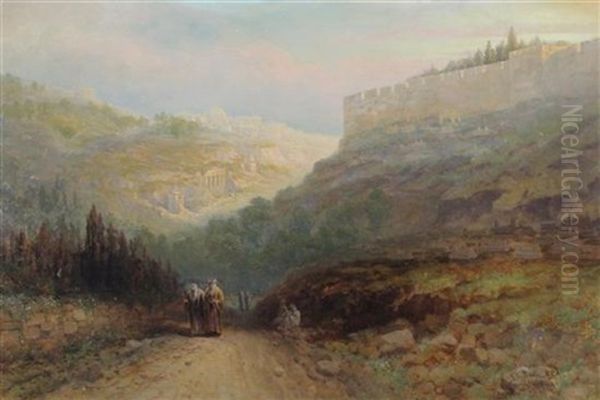 View Of Jerusalem With Travelers On The Roadside Oil Painting by Samuel Lawson Booth