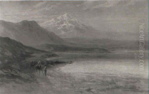 Travellers With Camels Beside A Lake (lake Hula?) Oil Painting by Samuel Lawson Booth