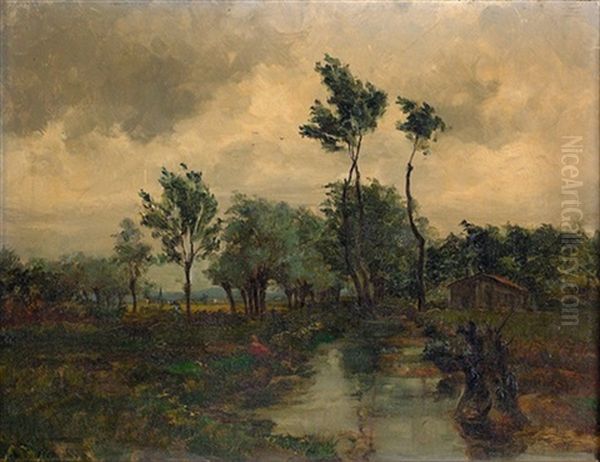 Abendliche Landschaft Mit Einem Angler Oil Painting by Leon Bopp du Pont