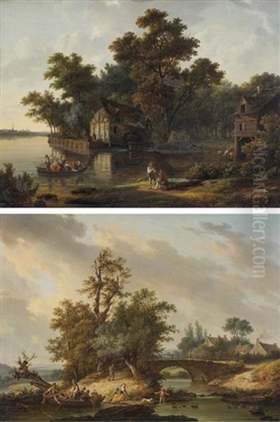 Le Passage Devant Un Moulin (+ Pecheurs Levant Les Filets; Pair) Oil Painting by Pierre-Jean Boquet