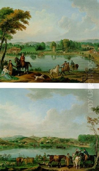 A River Landscape With An Elegant Couple And Men On Horseback, A Town Beyond Oil Painting by Pierre-Jean Boquet