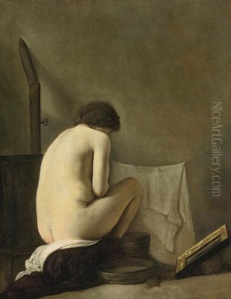 Seated Nude Bathing By A Stove Oil Painting by Paulus Bor