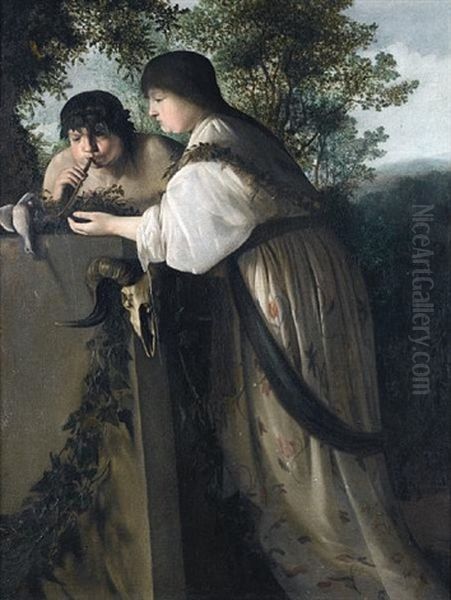 A Woman And A Boy Making An Offering At A Pagan Altar Oil Painting by Paulus Bor