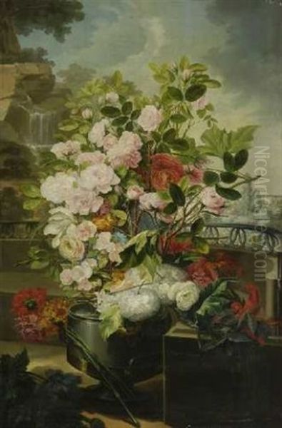 Stillleben Mit Rosen, Nelken, Hortensien Und Lilien In Parklandschaft Oil Painting by Amalia Felipina del Pilar de Borbon