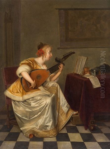 A Young Lady Playing A Lute Oil Painting by Gerard ter Borch the Elder