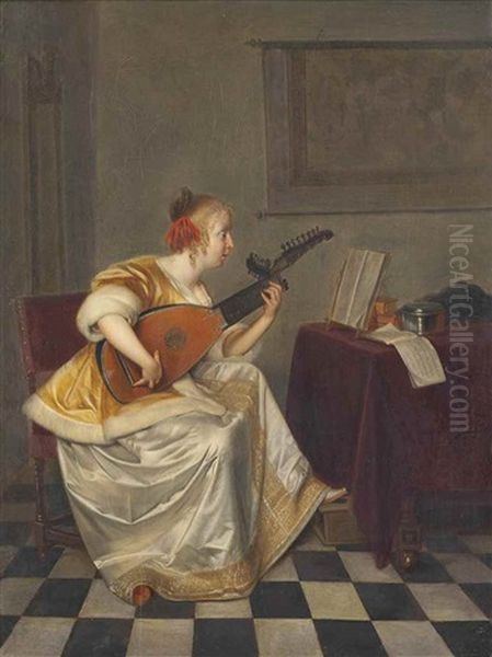 A Young Lady Playing A Lute In An Interior Oil Painting by Gerard ter Borch the Elder