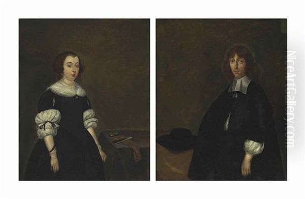 Portrait Of A Lady, Said To Be Jenneken Ter Borch, Three-quarter-length, In A Black Dress, Standing By A Table; And Portrait Of Of A Man, Said To Be Sybrand Schellinger (before 1640-1686), Three-quarter-length, In A Black Costume, A Hat By His Side Oil Painting by Gerard ter Borch the Elder