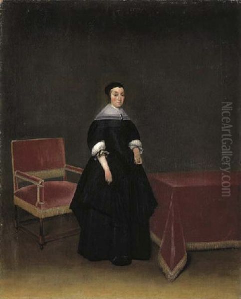 Portrait Of Hermanna Van Der Cruis In A Black Dress By A Table Oil Painting by Gerard ter Borch the Elder