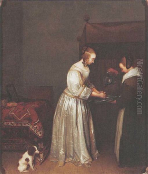 A Lady Washing Her Hands In An Interior Oil Painting by Gerard ter Borch the Elder