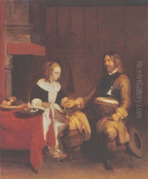 A Soldier Visiting A Lady Oil Painting by Gerard ter Borch the Elder