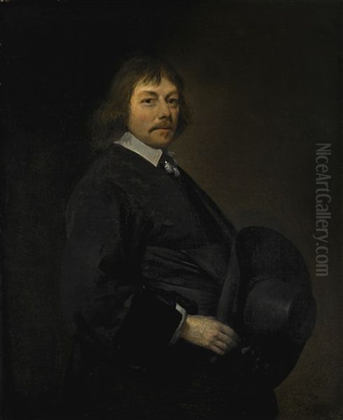 Portrait Of A Man, Three-quarter-length, Holding His Hat Oil Painting by Gerard ter Borch the Younger