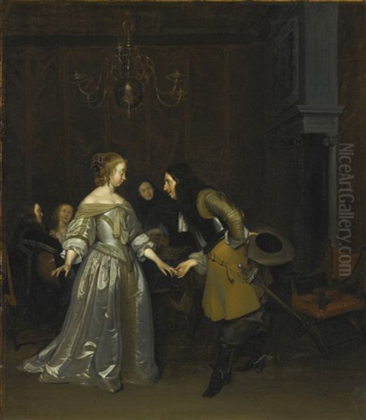 The Introduction (an Officer Making His Bow To A Lady) Oil Painting by Gerard ter Borch the Younger