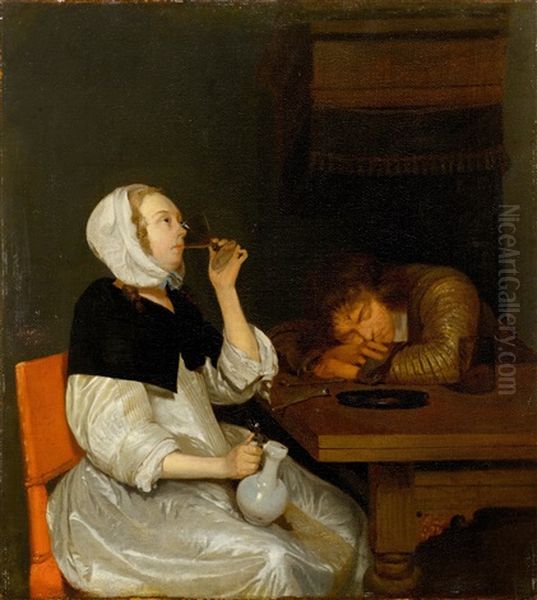 A Drinking Couple In An Interior Oil Painting by Gerard ter Borch the Younger