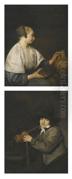 Portrait Of A Woman In Profile, Holding A Jug; Portrait Of A Man Smoking (pair) Oil Painting by Gerard ter Borch the Younger