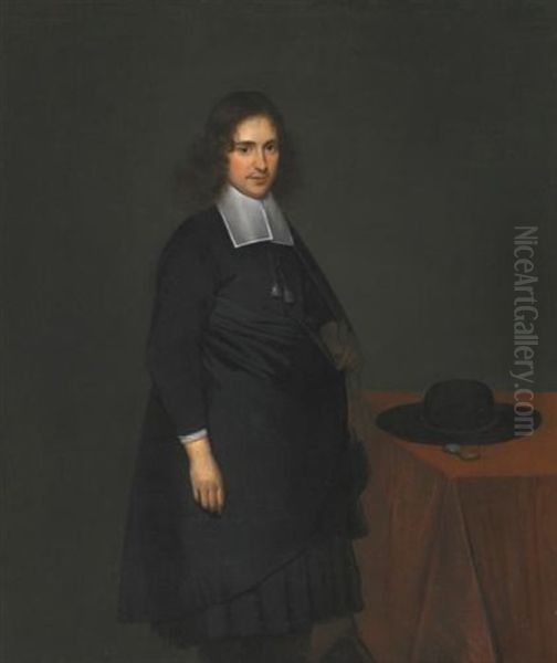 Portrait Of A Young Man, Full Length, Standing Next To A Table With A Hat And A Watch Oil Painting by Gerard ter Borch the Younger