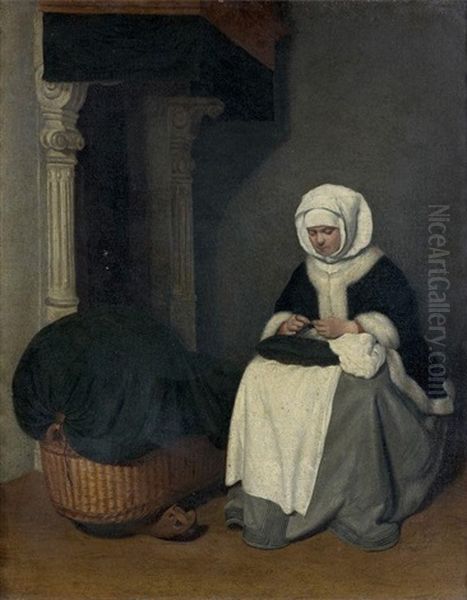 Jeune Femme A Son Ouvrage Dans Un Interieur Oil Painting by Gerard ter Borch the Younger