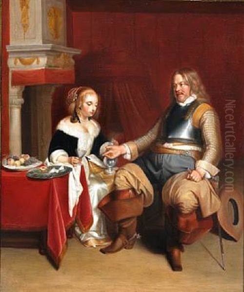 A Young Woman Is Offering A Cavalier A Glass Of Wine Oil Painting by Gerard ter Borch the Younger