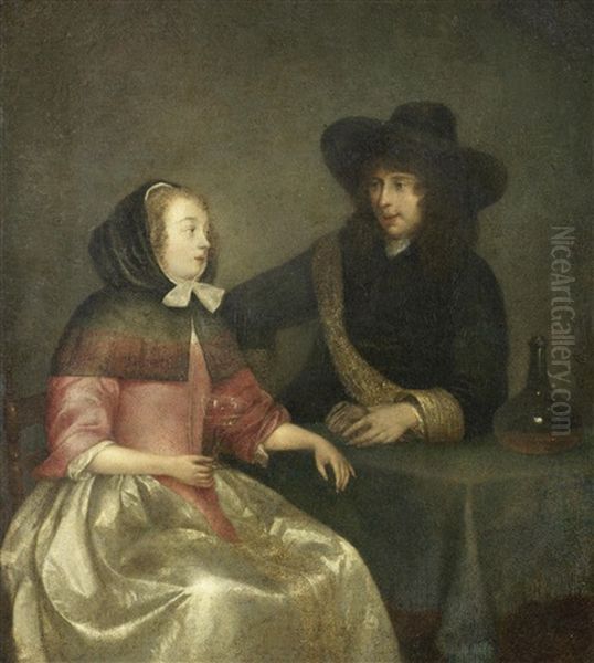 A Couple Drinking Wine Oil Painting by Gerard ter Borch the Younger