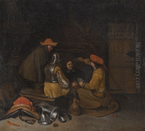 A Guardroom Interior With Four Figures Drinking And Playing Cards Oil Painting by Gerard ter Borch the Younger