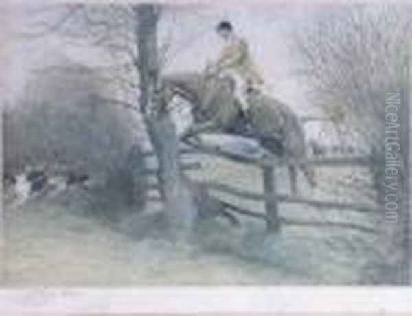 Huntsman Jumping A Fence Oil Painting by Cecil Charles Aldin