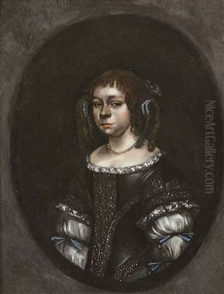 Portrait Of A Girl In A Dark Grey Dress With Blue Ribbons And A Pearl Necklace Oil Painting by Gerard ter Borch the Younger