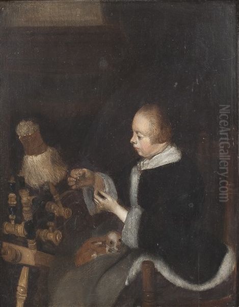 Fraulein Mit Hundchen Am Spinnrad Oil Painting by Gerard ter Borch the Younger