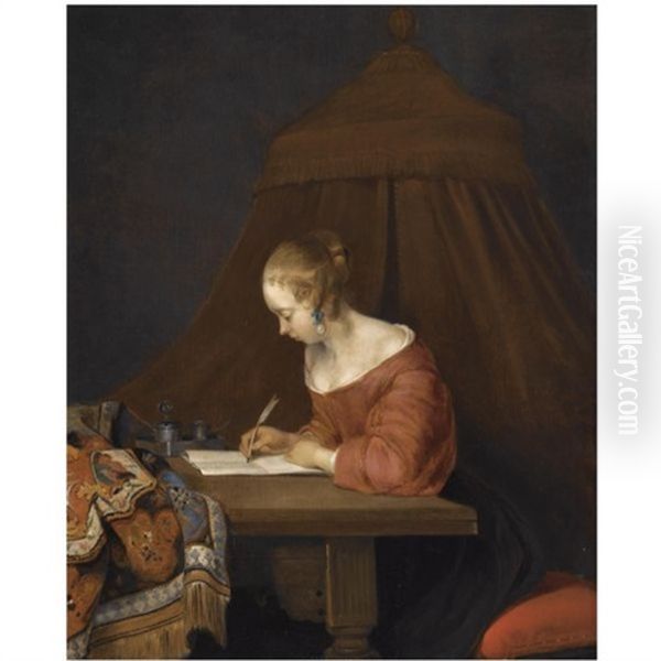 A Young Lady Writing At Her Desk Oil Painting by Gerard ter Borch the Younger