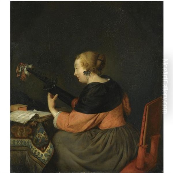 A Lady Seated At A Table Playing A Lute Oil Painting by Gerard ter Borch the Younger