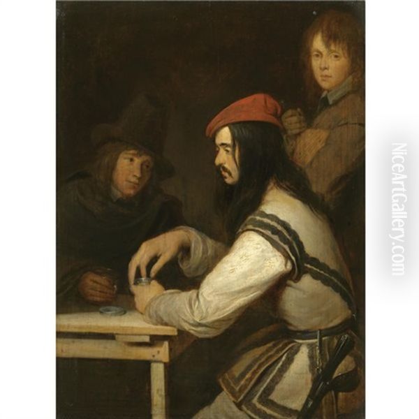 Three Men In A Tavern, One Taking Snuff Oil Painting by Gerard ter Borch the Younger