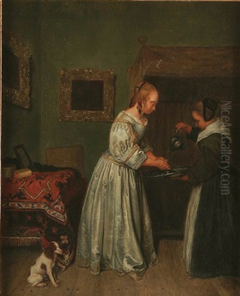 An Elegant Lady With Maidservant Washing Her Hands And Dog Looking On Oil Painting by Gerard ter Borch the Younger