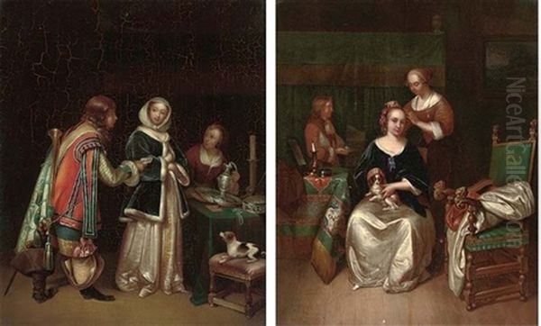 Ladies In An Interior Receiving A Letter From A Gentleman Caller (+ An Elegant Lady Seated At Her Table With A Dog On Her Lap, A Maid Tying Ribbons In Her Hair; Pair) Oil Painting by Gerard ter Borch the Younger