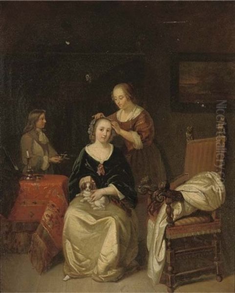 An Elegant Lady Seated At Her Table With A Dog On Her Lap, A Maid Tying Ribbons In Her Hair Oil Painting by Gerard ter Borch the Younger