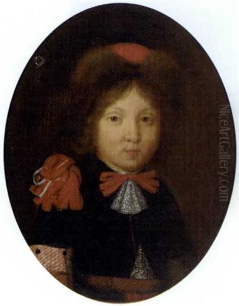 Portrait Of A Boy, Bust-length, In A Fur Hat And A Costume With Red Ribbons Oil Painting by Gerard ter Borch the Younger