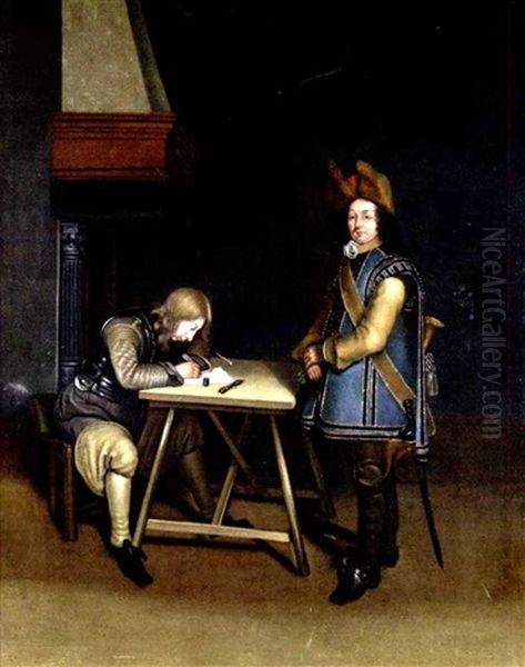 Interieurszene Mit Einem Briefeschreibendem Offizier An Einem Tisch Oil Painting by Gerard ter Borch the Younger