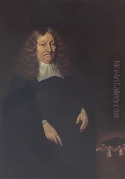 A Portrait Of Andries De Graeff, Burgomaster Of Amsterdam, Wearing A Black Suit And White Collar, Beside A Desk With A Book Oil Painting by Gerard ter Borch the Younger