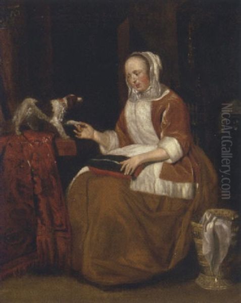 A Lady Seated In An Interior, With A Dog On A Partly Draped Table Oil Painting by Gerard ter Borch the Younger