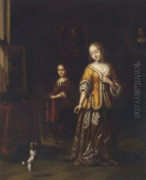 A Lady In An Elegant Interior With A Dog And A Maid Oil Painting by Gerard ter Borch the Younger